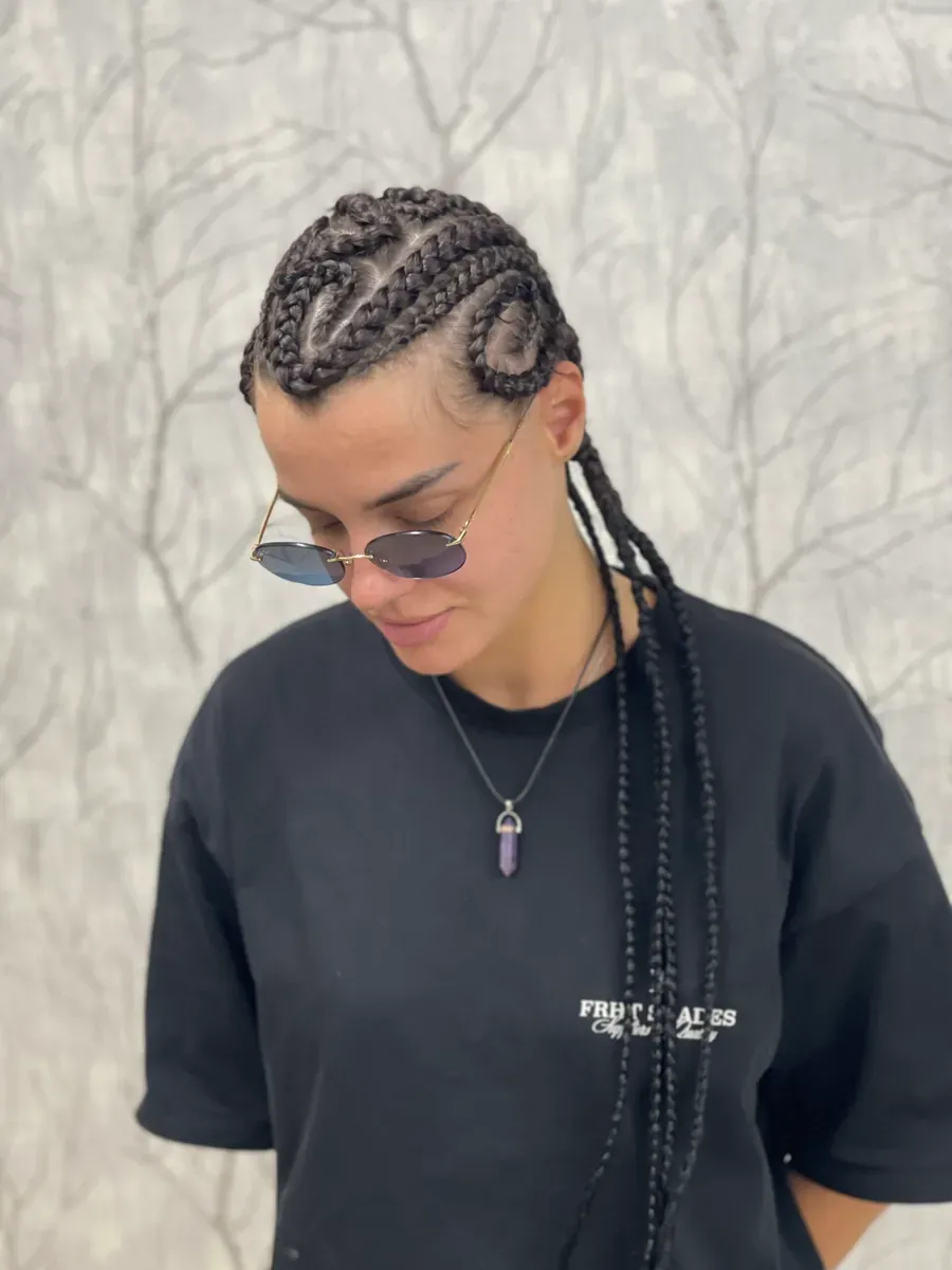 Cornrows braided into a crown, finished with lengths
